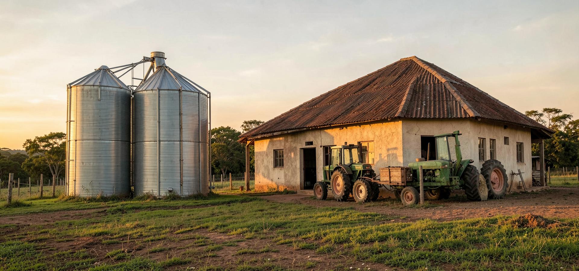 Propriedade rural com silos e trator ao entardecer